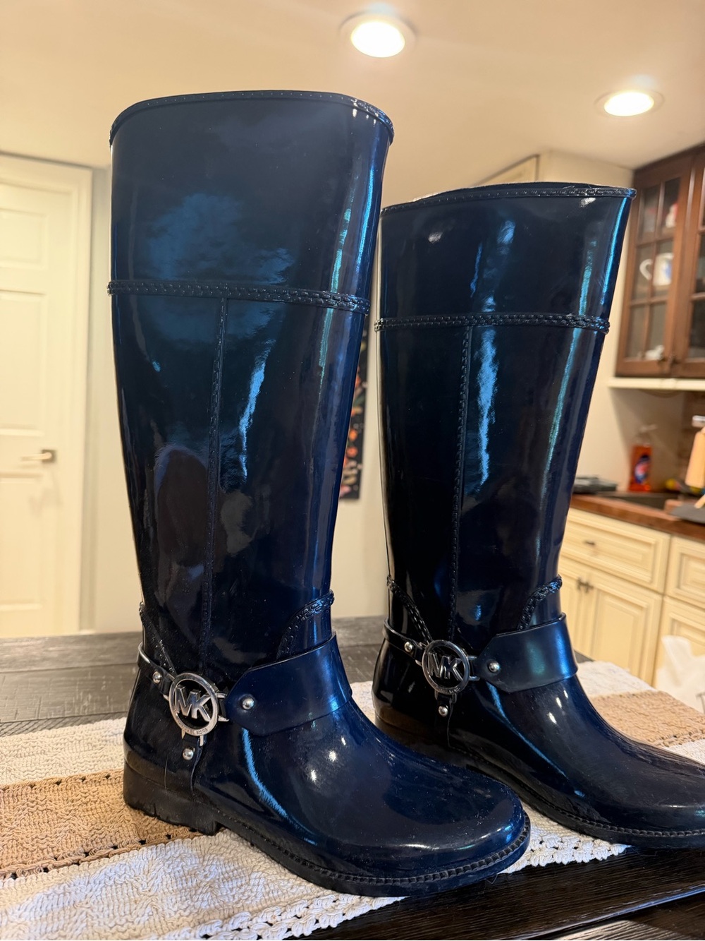 Michael Kors Glossy Navy Knee-High Rain Boots with MK Emblem